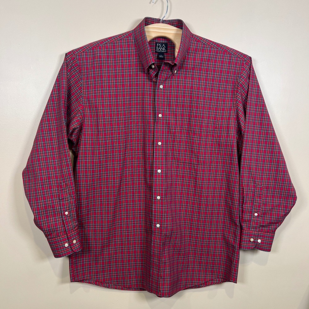 Jos. A. Bank Traveler's Collection Shirt L Red Plaid Long Sleeve Button Down EUC